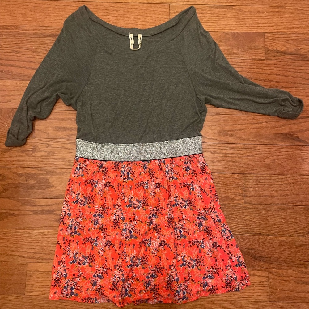Free People Gray and Floral Dress with Silver Waistband